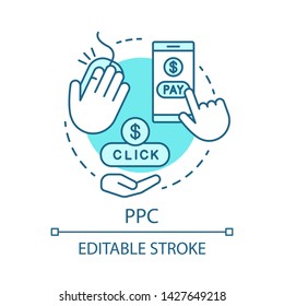 PPC blue concept icon. Digital marketing tool idea thin line illustration. Pay per click. Internet ad model. Marketing strategy. Online promotion. Vector isolated outline drawing. Editable stroke