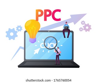 Ppc Business, Advertising Technology, Sponsored Listing, Pay Per Click Concept. Tiny Characters at Huge Computer Desktop with Glass and Cursor Clicking on Ad Button. Cartoon People Vector Illustration