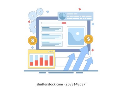 PPC Campaign Concept increase website traffic. PPC Ads for website promotion. Search engine marketing. generate more revenue with high click-through rate. Background vector illustration with icons.