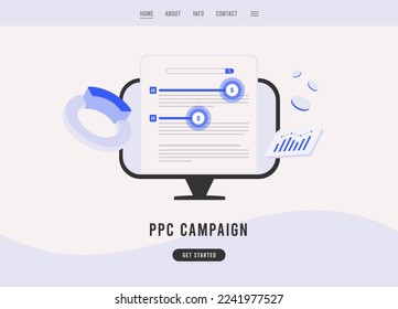 PPC Campaign digital marketing concept. Pay per Click ppc advertising. Building search marketing strategy, selecting selling phrases, ppc impression statistics. Vector business landing page template