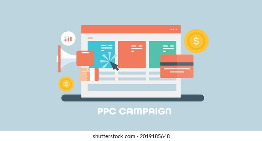 PPC Campaign, Digital Marketing, Paid Marketing, SEO, Online Advertising - Vector Illustration With Icons