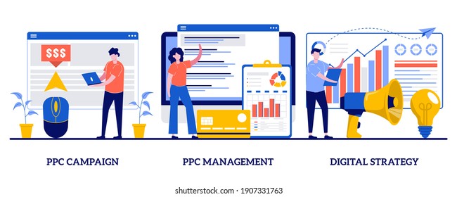 PPC campaign management, digital strategy concept with tiny people. Digital marketing plan vector illustration set. Pay-per-click, internet marketing tools, online ad, targeted promotion metaphor.