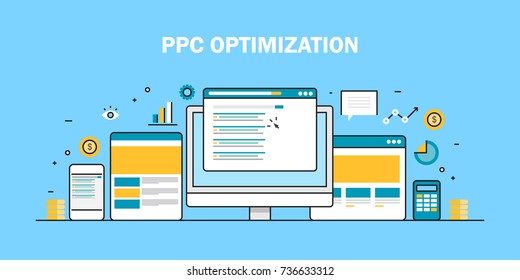 PPC Campaign, Paid Advertising, Search Marketing Flat Vector Line Illustration