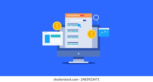 PPC campaign for website advertising, Running pay per click advertising on search engine, Paid marketing strategy - vector illustration with icons