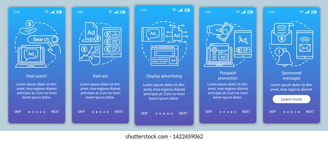 PPC channels blue gradient onboarding mobile app page screen vector template. Media marketing, ad networks walkthrough website steps with linear illustrations. UX, UI, GUI smartphone interface concept