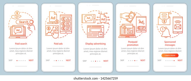 PPC channels orange onboarding mobile app page screen vector template. Media marketing, ad networks walkthrough website steps with linear illustrations. UX, UI, GUI smartphone interface concept