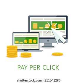PPC Computer and notebook. Flat concept of pay per click ppc internet advertising model when the ad is clicked. Isolated on white background.  Vector illustration for your design