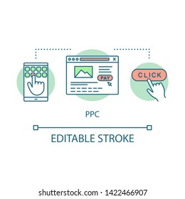 PPC concept icon. Pay per click idea thin line illustration. Digital marketing tactic. Marketing strategy. Internet advertising model. Vector isolated outline drawing. Editable stroke