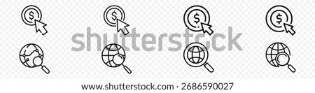  PPC and CPC Icons, Pay‑Per‑Click Line Icons Vector Set – Dollar Coin Click, Online Ads, CPC, Web and Global Search Icons – Globe with Magnifier Line Set