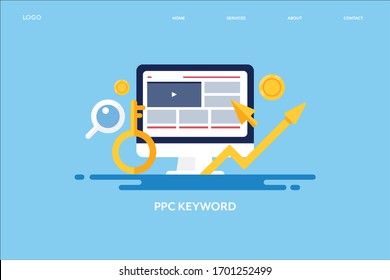 PPC keyword research, PPC marketing, Paid marketing, Search marketing analysis - conceptual flat design vector illustration with icons