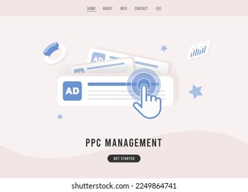 PPC Management - Pay per Click digital marketing concept. Managing PPC advertising strategy. Flat design vector e-commerce ppc landing page template.