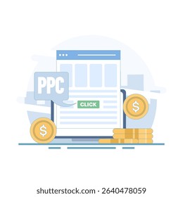 PPC marketing concept, pay per click or CPC PPC, Website paid advertising, internet advertising, Pay per click. Illustration for website, page, app, poster and banner. Vector illustration.