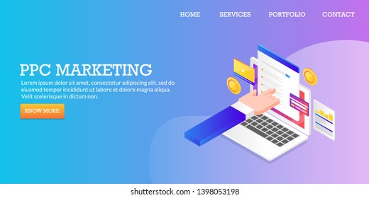 PPC marketing, Pay per click strategy, Paid advertising network, 3D, isometric vector concept, landing page with icons and texts