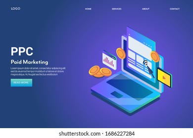 PPC marketing, Pay per click campaign, Paid marketing - isometric conceptual vector landing page