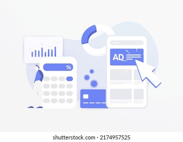 PPC Online Advertising Revenue Campaign - Pay-Per-Click Marketing Concept. In-app Or Website Ad Banner. The Character Calculates The Profit From Advertising. Flat Design Vector Illustration.