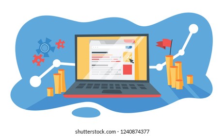 PPC pay per click advertising in the internet. Marketing strategy for business promotion. Pay for banner on the web page. Flat vector illustration