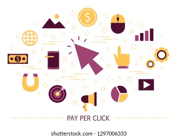 PPC pay per click advertising in the internet concept. Marketing strategy for business promotion. Pay for banner on the web page. Set of colorful icons. Isolated flat vector illustration