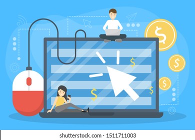 PPC pay per click advertising in the internet. Marketing strategy for business promotion. Pay for banner on the web page. Vector illustration in cartoon style