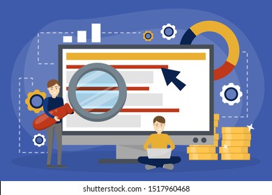 PPC pay per click advertising in the internet. Marketing strategy for business promotion. Pay for banner on the web page. Vector illustration in cartoon style