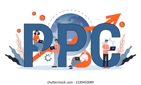 PPC pay per click advertising in the internet. Marketing strategy for business promotion. Pay for banner on the web page. Vector illustration in cartoon style