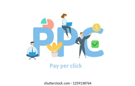PPC, pay per click. Concept with keywords, letters, and icons. Colored flat vector illustration. Isolated on white background.