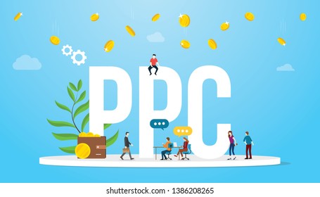 ppc pay per click concept advertising business affiliate with big words and team people with money falling from sky - vector illustration