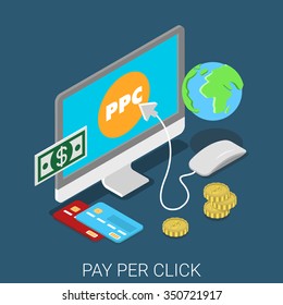 PPC pay per click flat 3d isometric online internet marketing concept web vector illustration. Desktop computer mouse pointer credit card money globe. Creative technology collection.