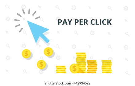 PPC pay per click flat online internet marketing concept web vector illustration. Blue arrow and many coins. Pay per click marketing, advertising, ppc affiliate program concept.
