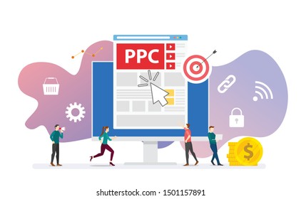 ppc pay per click technology advertising or advertisement concept with team people and clicks icon modern flat style - vector