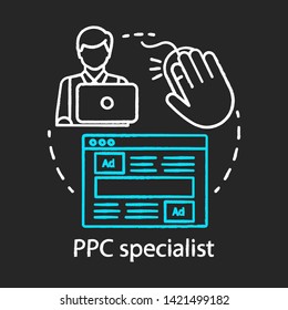 PPC specialist chalk concept icon. Digital marketing specialty idea. Paid search analyst, marketer. Pay per click management. Ad performance analysis. Vector isolated chalkboard illustration