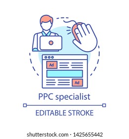 PPC specialist concept icon. Digital marketing specialty idea thin line illustration. Paid search analyst, marketer. Pay per click management. Vector isolated outline drawing. Editable stroke