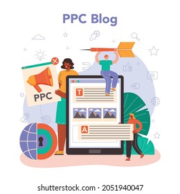 PPC specialist online service or platform. Pay per click manager, contextual advertsing and targeting in the internet. Online ppc blog. Flat vector illustration