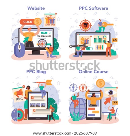 PPC specialist online service or platform set. Pay per click manager, contextual advertsing and targeting in the internet. Online course, ppc blog and software, website. Flat vector illustration