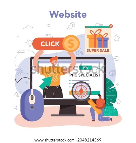 PPC specialist online service or platform. Pay per click manager, contextual advertsing and targeting in the internet. Website. Flat vector illustration