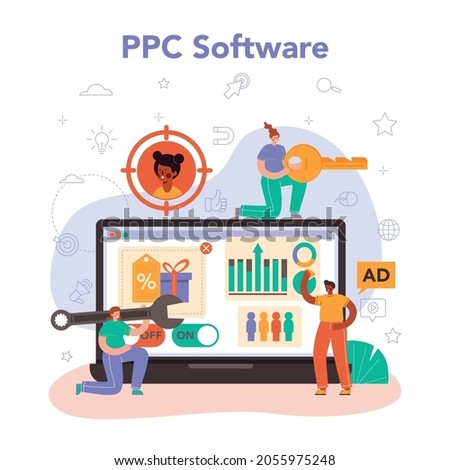 PPC specialist online service or platform. Pay per click manager, contextual advertsing and targeting in the internet. Online ppc software. Flat vector illustration