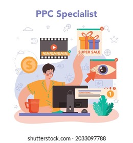 PPC-Spezialist. Pay per Click-Manager, kontextbezogene Werbung und gezielte Ausrichtung im Internet-Spezialisten. Marketingstrategie für die Unternehmensförderung. Flache Vektorgrafik