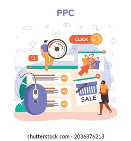 PPC specialist. Pay per click manager, contextual advertsing and targeting in the internet specialist. Marketing strategy for business promotion. Flat vector illustration