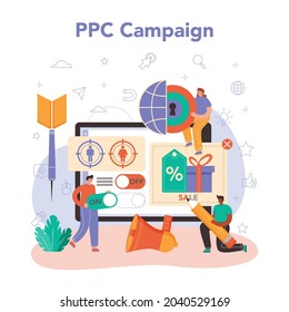 PPC specialist. Pay per click manager, contextual advertsing and targeting in the internet specialist. Marketing strategy for business promotion. Flat vector illustration