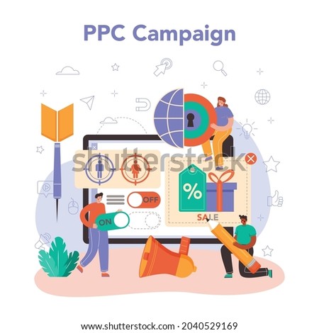 PPC specialist. Pay per click manager, contextual advertsing and targeting in the internet specialist. Marketing strategy for business promotion. Flat vector illustration