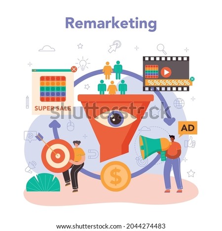 PPC specialist. Pay per click manager, contextual advertsing and targeting in the internet specialist. Marketing strategy for business promotion. Flat vector illustration