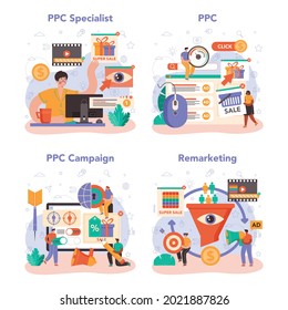 PPC specialist set. Pay per click manager, contextual advertsing and targeting in the internet specialist. Marketing strategy for business promotion. Flat vector illustration