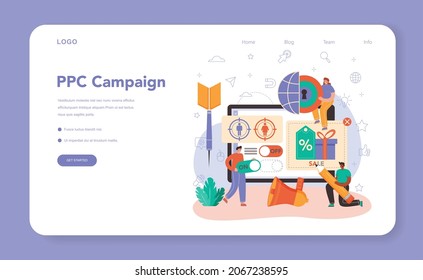 PPC specialist web banner or landing page. Pay per click manager, contextual advertsing and targeting in the internet. Marketing strategy for business promotion. Flat vector illustration