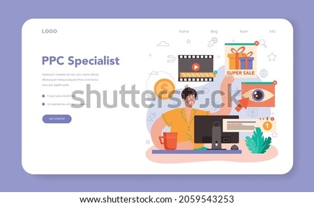 PPC specialist web banner or landing page. Pay per click manager, contextual advertsing and targeting in the internet. Marketing strategy for business promotion. Flat vector illustration
