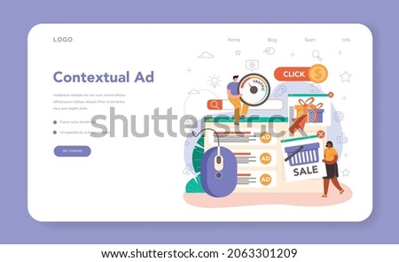 PPC specialist web banner or landing page. Pay per click manager, contextual advertsing and targeting in the internet. Marketing strategy for business promotion. Flat vector illustration