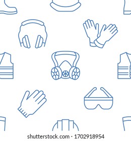 PPE Background, Personal Protective Equipment Seamless Pattern. Construction Wallpaper With Line Icons Of Helmet, Headphones, Respirator, Vest. Worker Protection Vector Illustration Blue White Color.