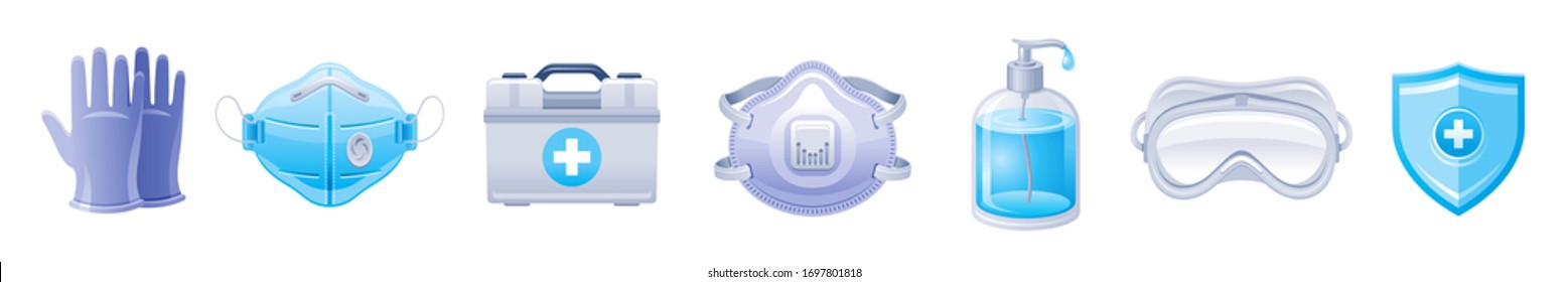 PPE icon set. Corona virus Covid 19 protect equipment. Respirator surgical mask, glasses, gloves Coronavirus prevention, medical elements collection. Vector illustration isolated on white background