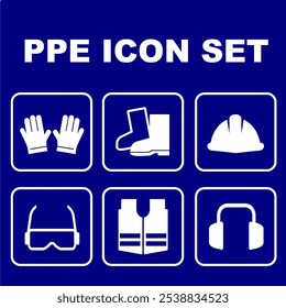 PPE icon set. personal protection equipment set v vector illustration. helmet, glasses, vest, gloves, boots, headphone icon for education and site working printable sign
