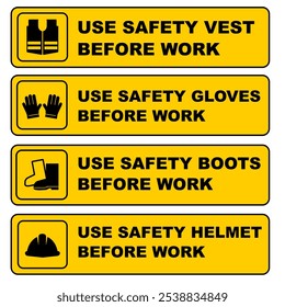 Ícone de EPI definido com texto. equipamento de proteção pessoal definido ícone símbolo símbolo ilustração vetorial. capacete, colete, luvas, ícone de botas para educação e site trabalhando sinal imprimível