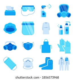 Ppe icons. Medical mask, sanitizer spray, disinfection bottle, gloves and antibacterial wipe. Covid personal protective equipment vector set. Illustration disinfection and sanitizing to, care