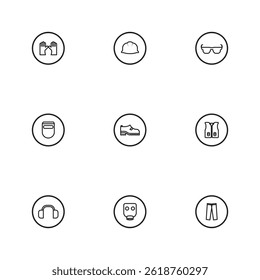PPE icons set featuring helmets, goggles, boots, gloves, and other safety gear, perfect for workplace signage, manuals, and industrial safety diagrams.